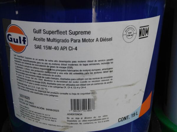 Cubeta de aceite multigrado para motor a Diesel SAE 15W-40 API CI-4 Gulf SuperFleet Supreme (19L)-2